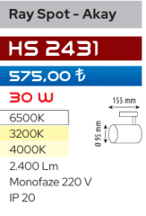 Helios Opto Ray Spot - Akay 30W Siyah Kasa HS 2431