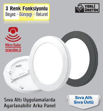 Helios Opto 18 W Yuvarlak Sensörlü LED Armatür 3 Renk HS 1036
